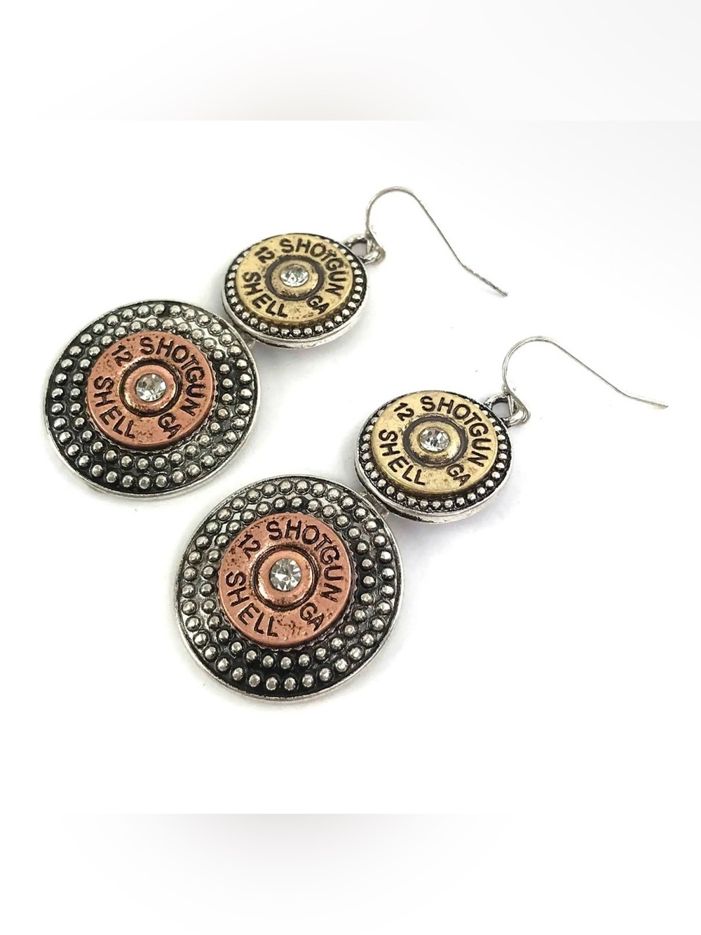 NWT Large Shotgun Shell Bullet Western Style Dangle Earrings Mixed Metal